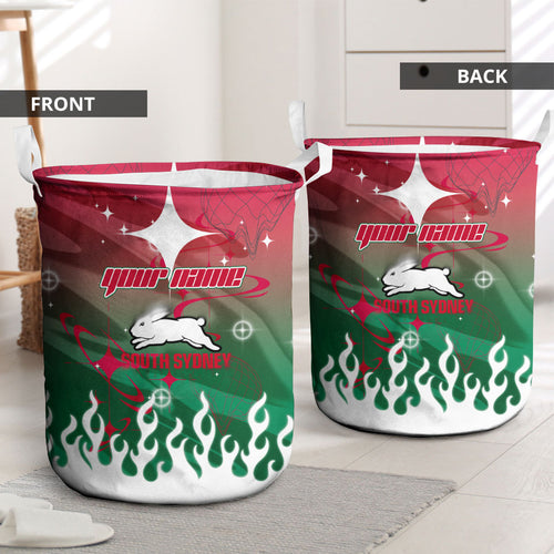 Personalized South Sydney Rabbitohs Laundry Basket Y2K Grunge Aesthetic With Cyber Flames and Starburst Graphics