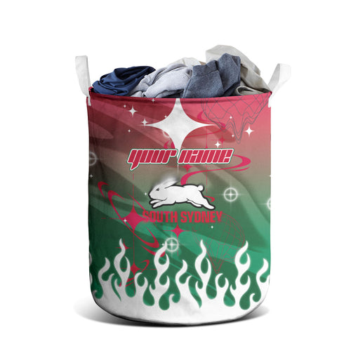 Personalized South Sydney Rabbitohs Laundry Basket Y2K Grunge Aesthetic With Cyber Flames and Starburst Graphics