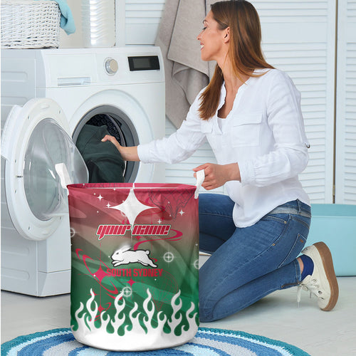 Personalized South Sydney Rabbitohs Laundry Basket Y2K Grunge Aesthetic With Cyber Flames and Starburst Graphics
