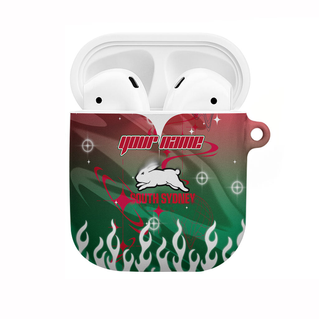 Personalized South Sydney Rabbitohs AirPods Case Y2K Grunge Aesthetic With Cyber Flames and Starburst Graphics