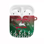 Personalized South Sydney Rabbitohs AirPods Case Y2K Grunge Aesthetic With Cyber Flames and Starburst Graphics