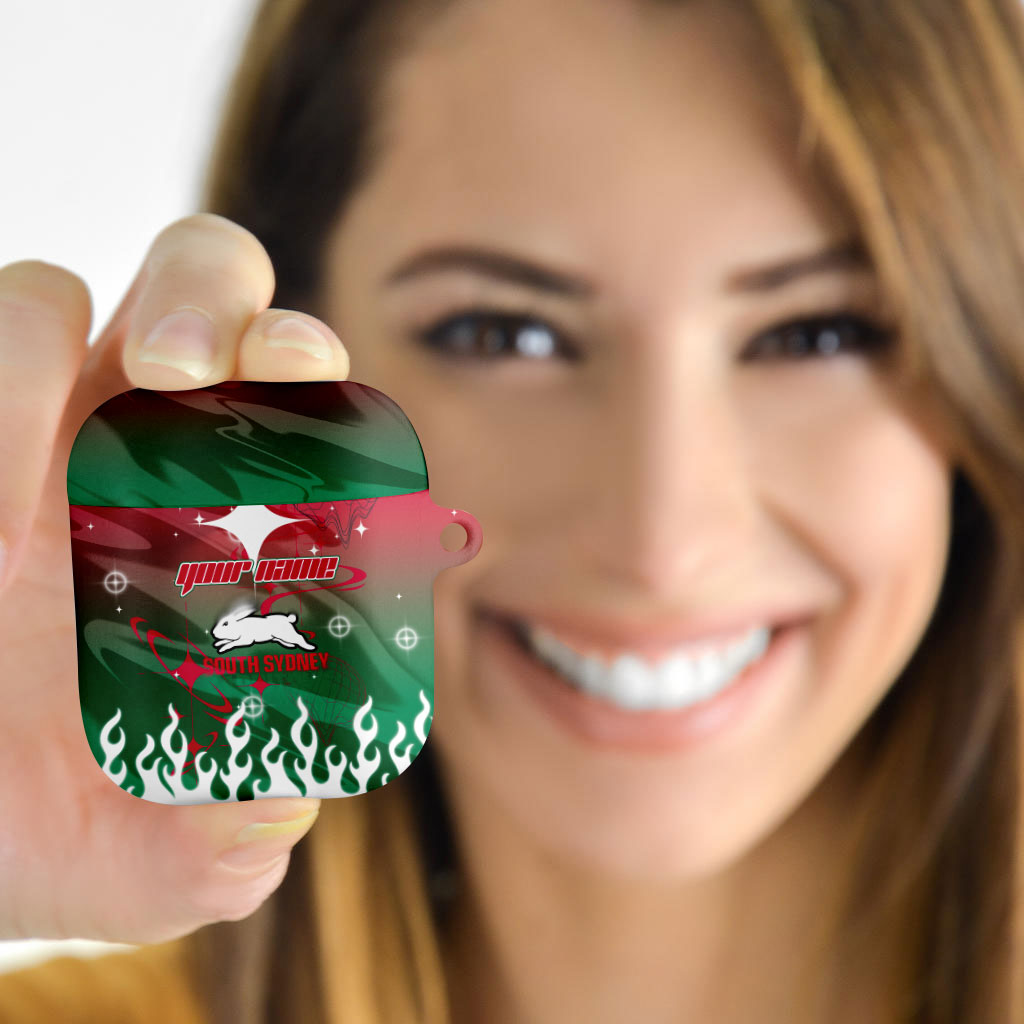 Personalized South Sydney Rabbitohs AirPods Case Y2K Grunge Aesthetic With Cyber Flames and Starburst Graphics