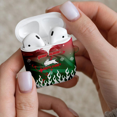 Personalized South Sydney Rabbitohs AirPods Case Y2K Grunge Aesthetic With Cyber Flames and Starburst Graphics