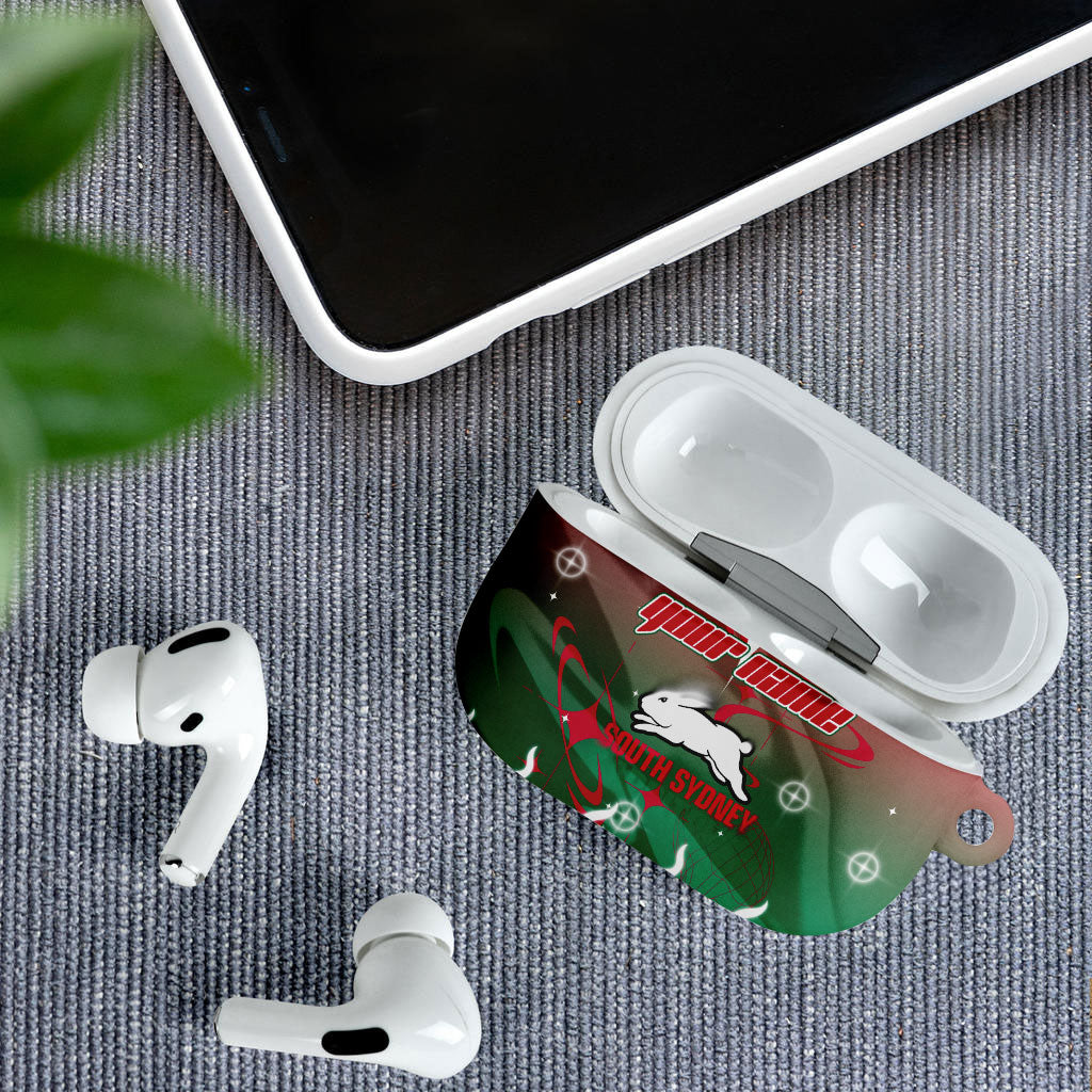 Personalized South Sydney Rabbitohs AirPods Case Y2K Grunge Aesthetic With Cyber Flames and Starburst Graphics