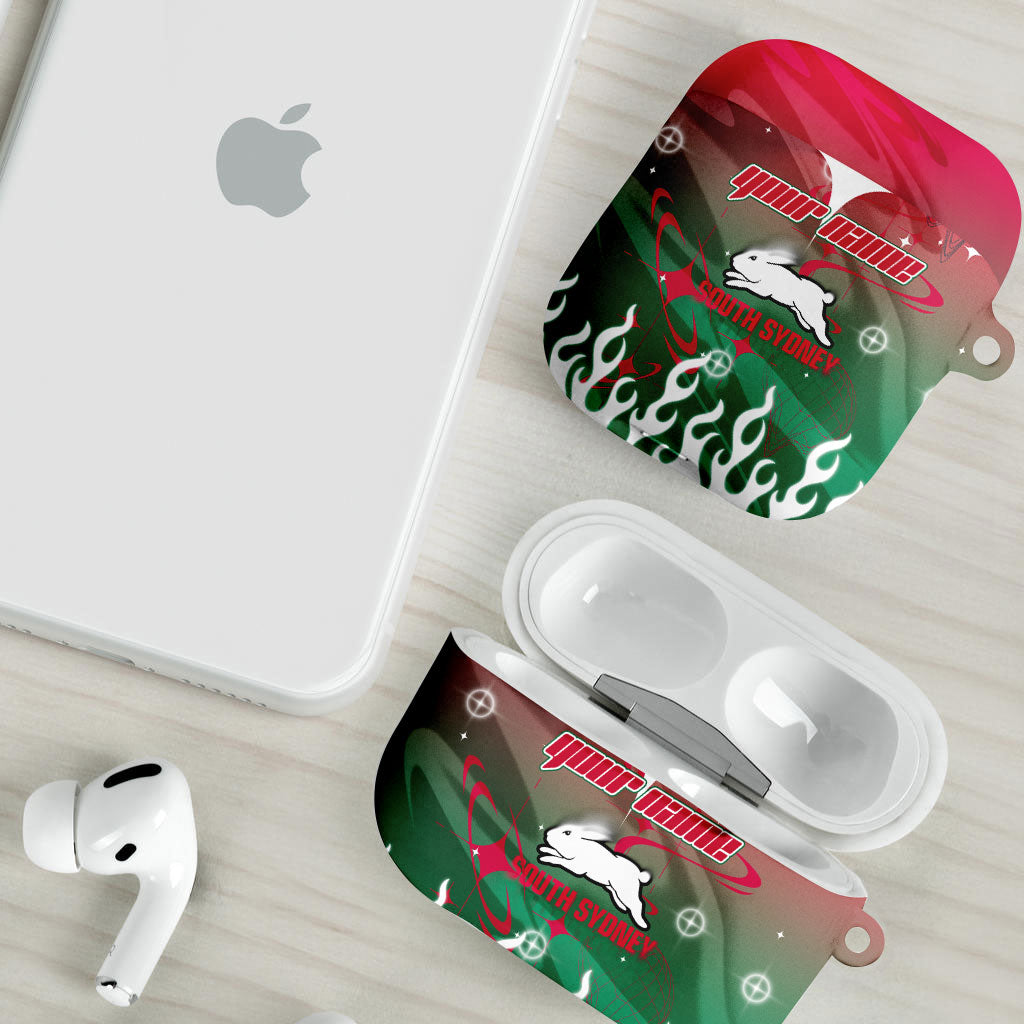 Personalized South Sydney Rabbitohs AirPods Case Y2K Grunge Aesthetic With Cyber Flames and Starburst Graphics