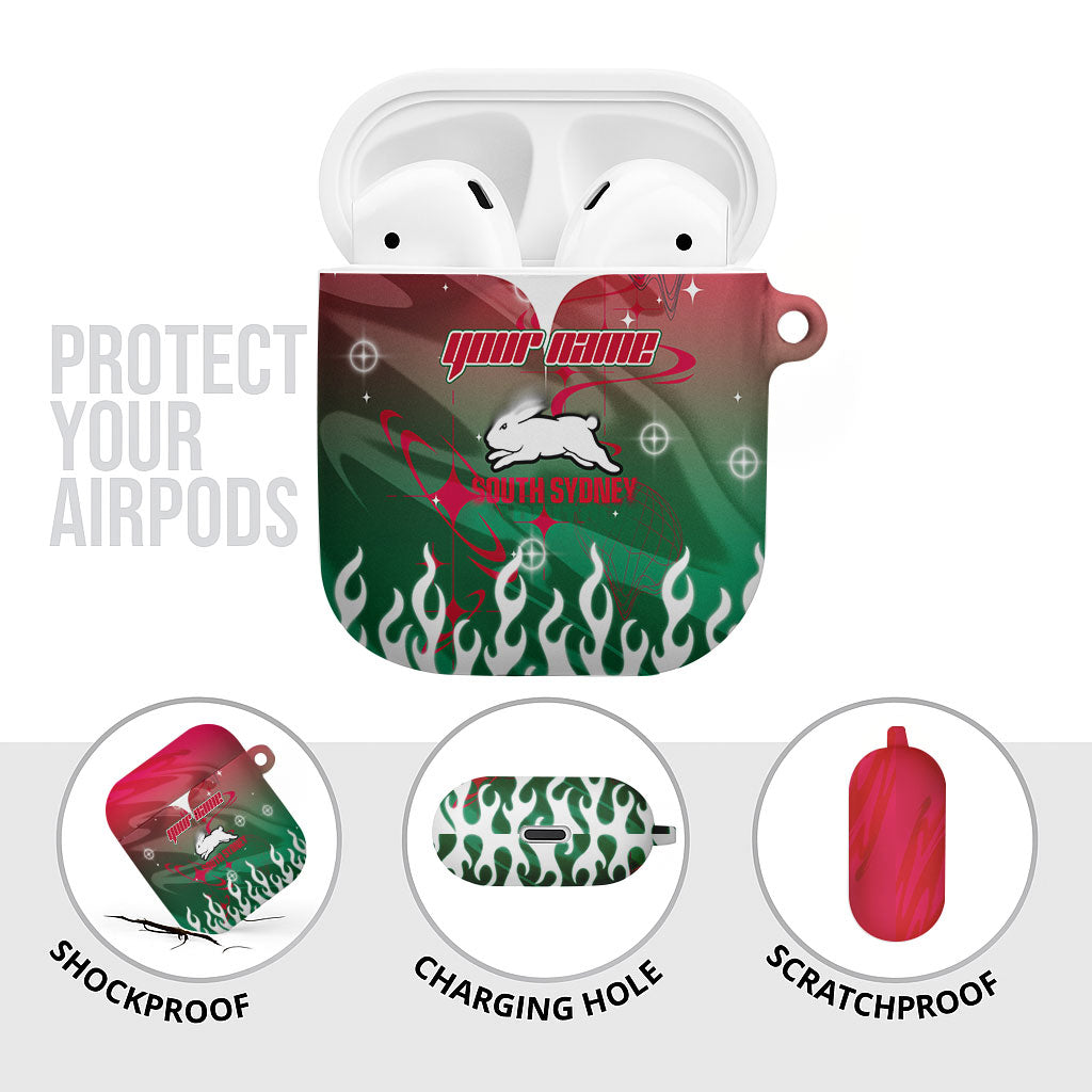 Personalized South Sydney Rabbitohs AirPods Case Y2K Grunge Aesthetic With Cyber Flames and Starburst Graphics