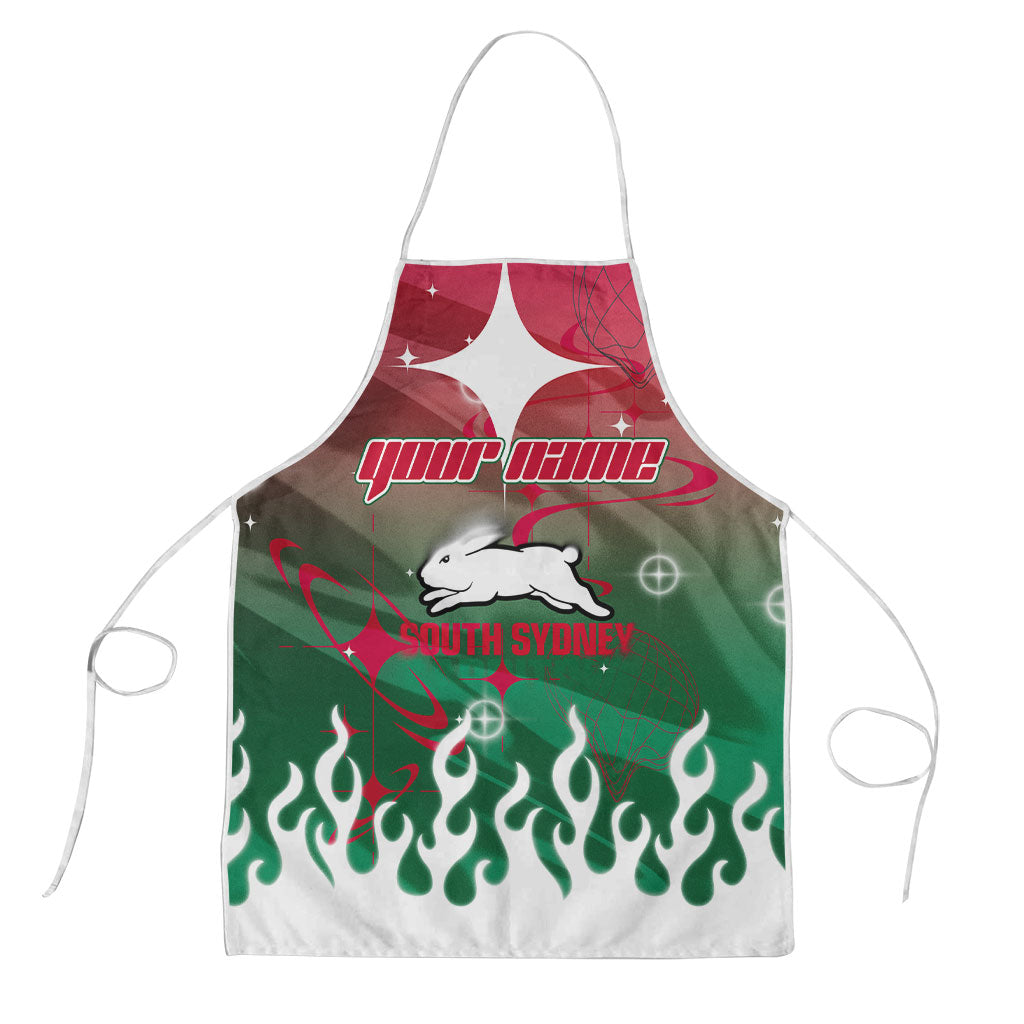 Personalized South Sydney Rabbitohs Apron Y2K Grunge Aesthetic With Cyber Flames and Starburst Graphics