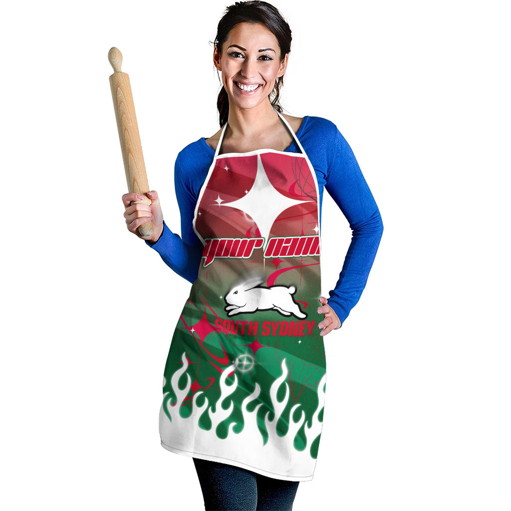 Personalized South Sydney Rabbitohs Apron Y2K Grunge Aesthetic With Cyber Flames and Starburst Graphics