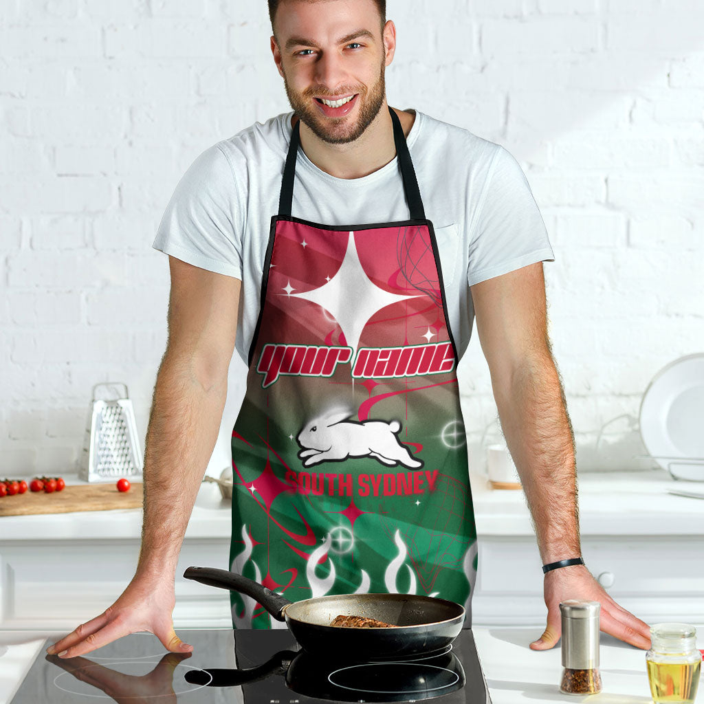 Personalized South Sydney Rabbitohs Apron Y2K Grunge Aesthetic With Cyber Flames and Starburst Graphics