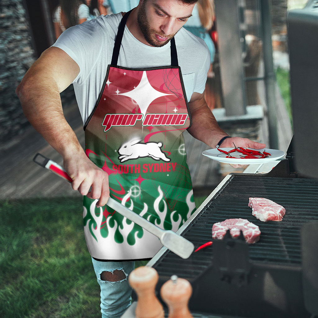 Personalized South Sydney Rabbitohs Apron Y2K Grunge Aesthetic With Cyber Flames and Starburst Graphics