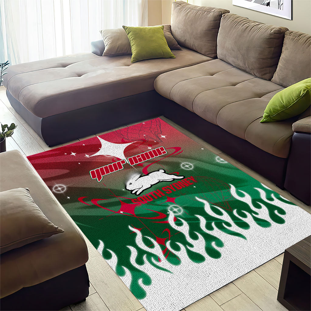 Personalized South Sydney Rabbitohs Area Rug Y2K Grunge Aesthetic With Cyber Flames and Starburst Graphics