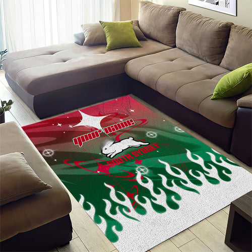 Personalized South Sydney Rabbitohs Area Rug Y2K Grunge Aesthetic With Cyber Flames and Starburst Graphics