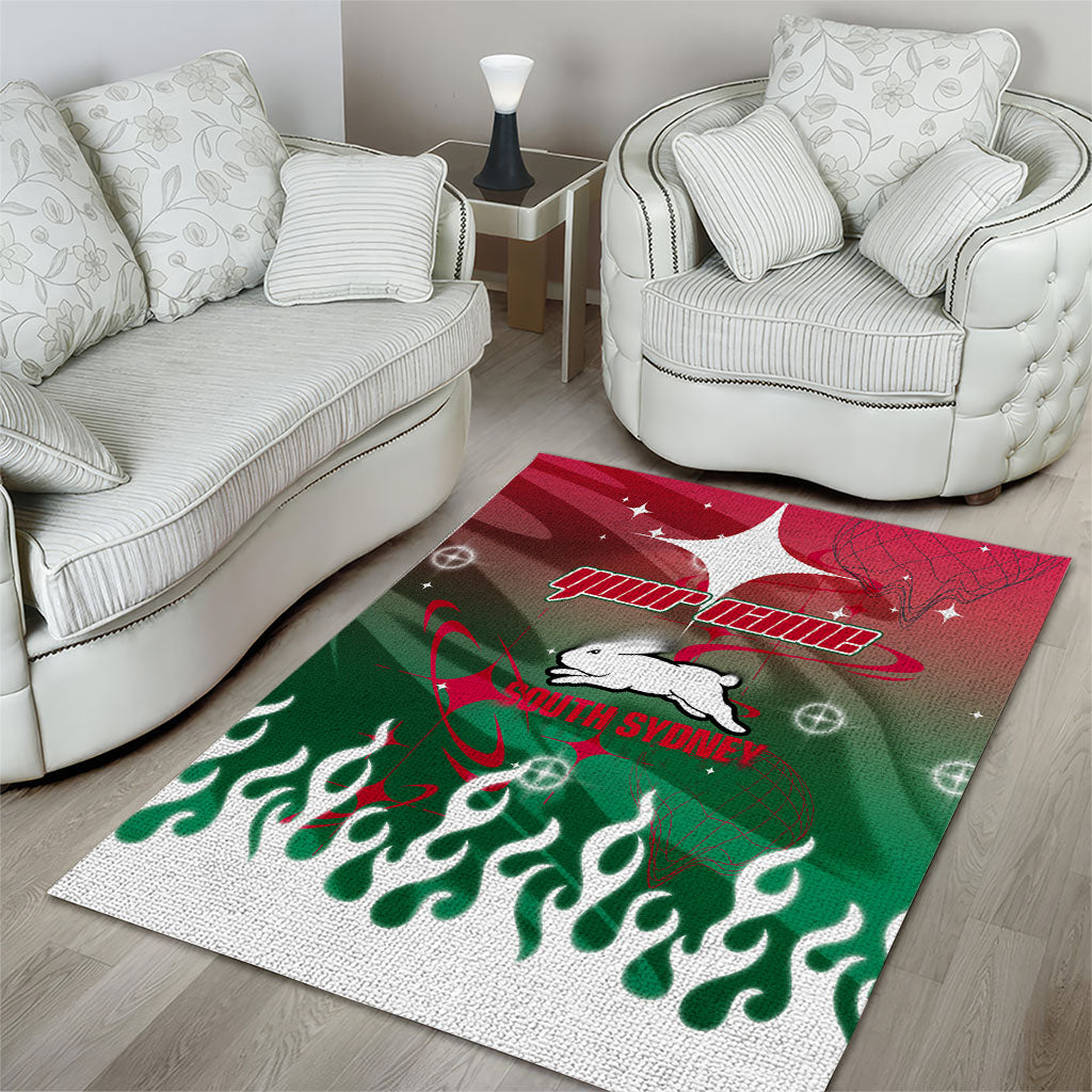 Personalized South Sydney Rabbitohs Area Rug Y2K Grunge Aesthetic With Cyber Flames and Starburst Graphics