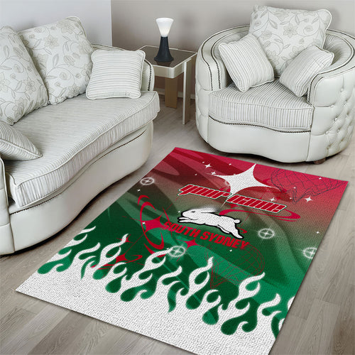 Personalized South Sydney Rabbitohs Area Rug Y2K Grunge Aesthetic With Cyber Flames and Starburst Graphics