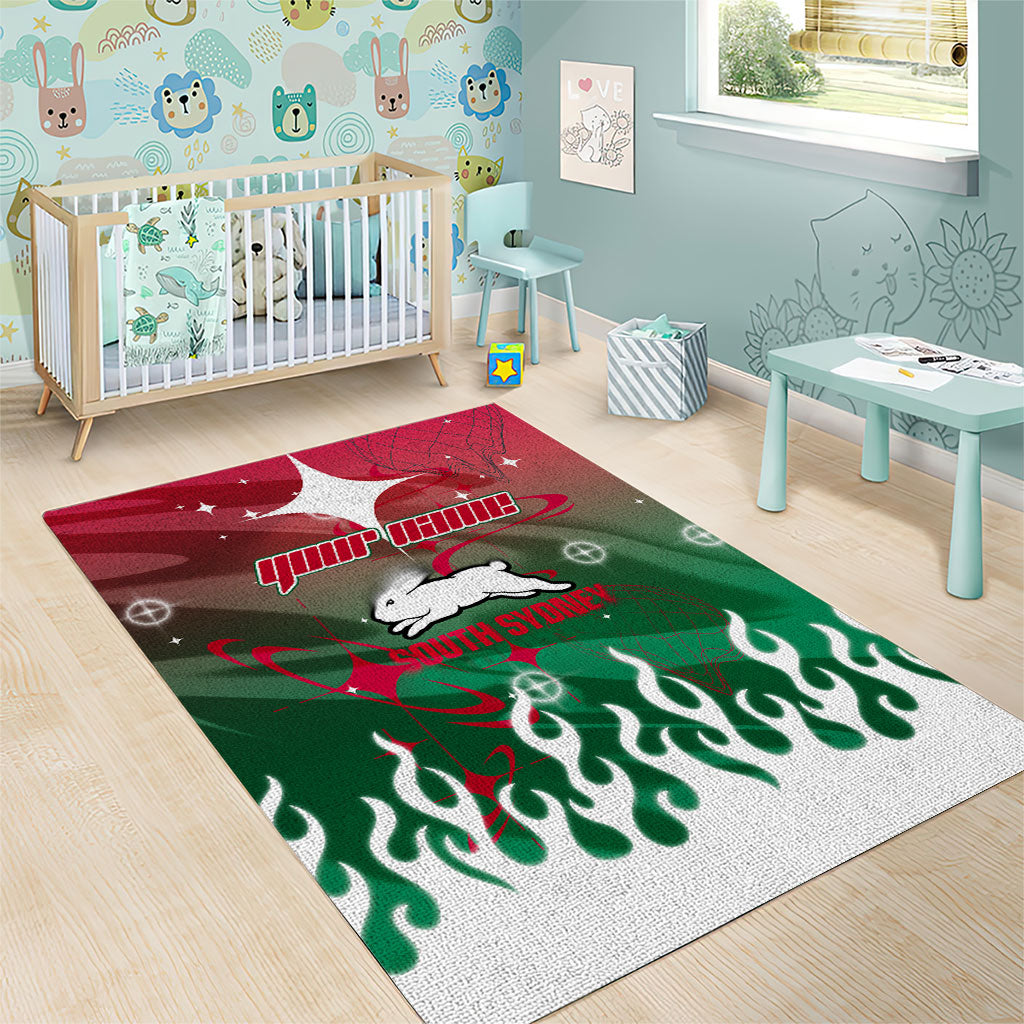 Personalized South Sydney Rabbitohs Area Rug Y2K Grunge Aesthetic With Cyber Flames and Starburst Graphics