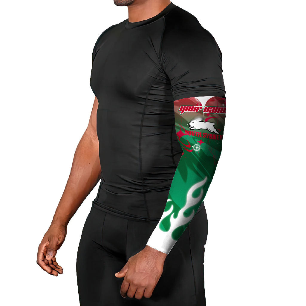 Personalized South Sydney Rabbitohs Arm Sleeves Y2K Grunge Aesthetic With Cyber Flames and Starburst Graphics