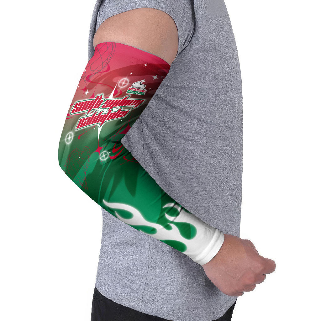 Personalized South Sydney Rabbitohs Arm Sleeves Y2K Grunge Aesthetic With Cyber Flames and Starburst Graphics