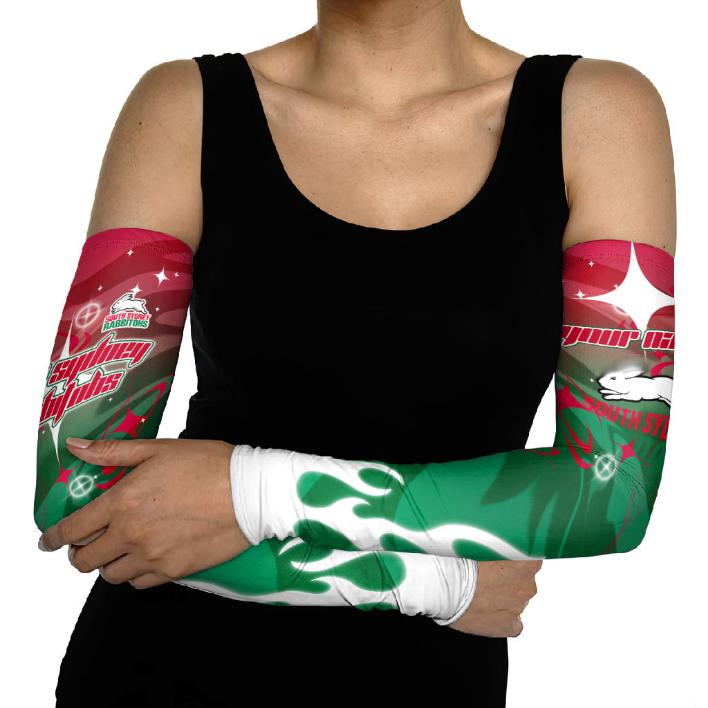Personalized South Sydney Rabbitohs Arm Sleeves Y2K Grunge Aesthetic With Cyber Flames and Starburst Graphics