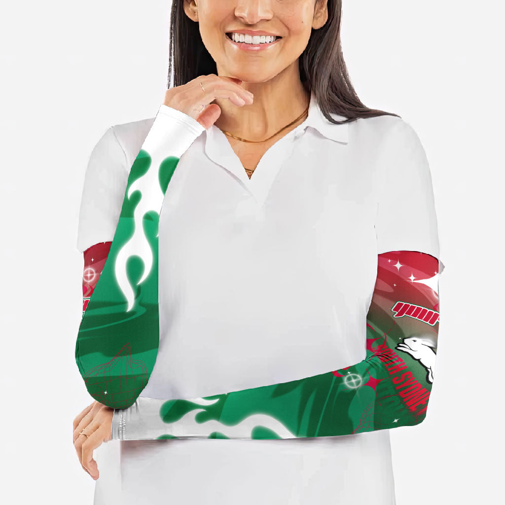 Personalized South Sydney Rabbitohs Arm Sleeves Y2K Grunge Aesthetic With Cyber Flames and Starburst Graphics