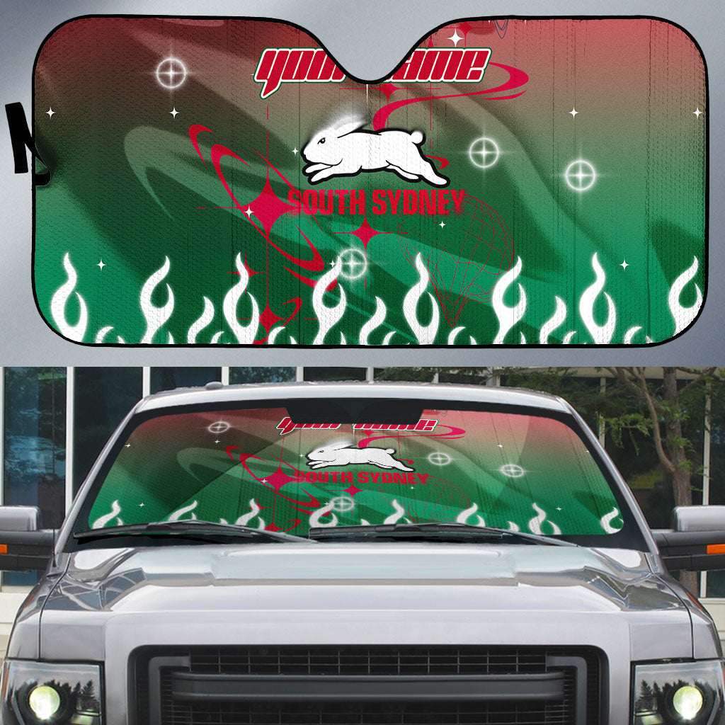 Personalized South Sydney Rabbitohs Auto Sun Shade Y2K Grunge Aesthetic With Cyber Flames and Starburst Graphics