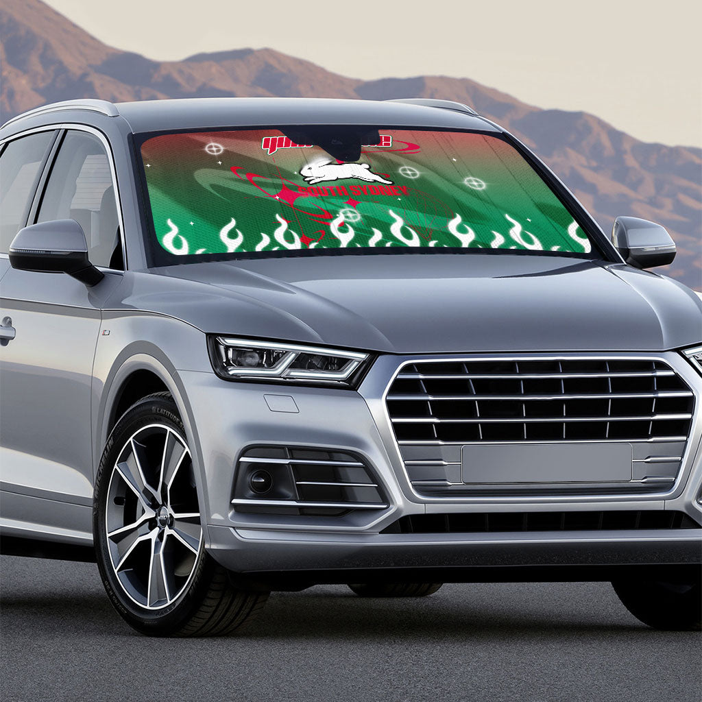 Personalized South Sydney Rabbitohs Auto Sun Shade Y2K Grunge Aesthetic With Cyber Flames and Starburst Graphics
