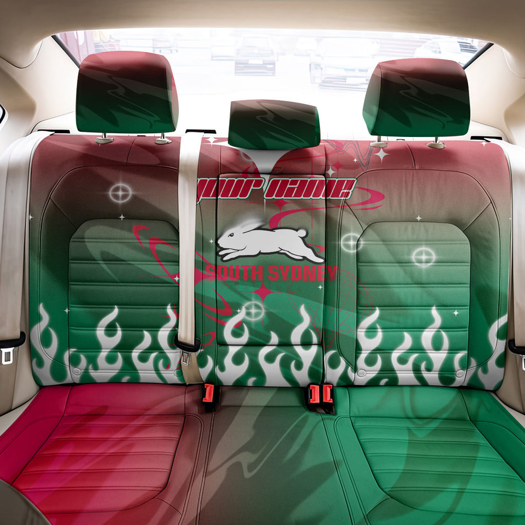 Personalized South Sydney Rabbitohs Back Car Seat Cover Y2K Grunge Aesthetic With Cyber Flames and Starburst Graphics