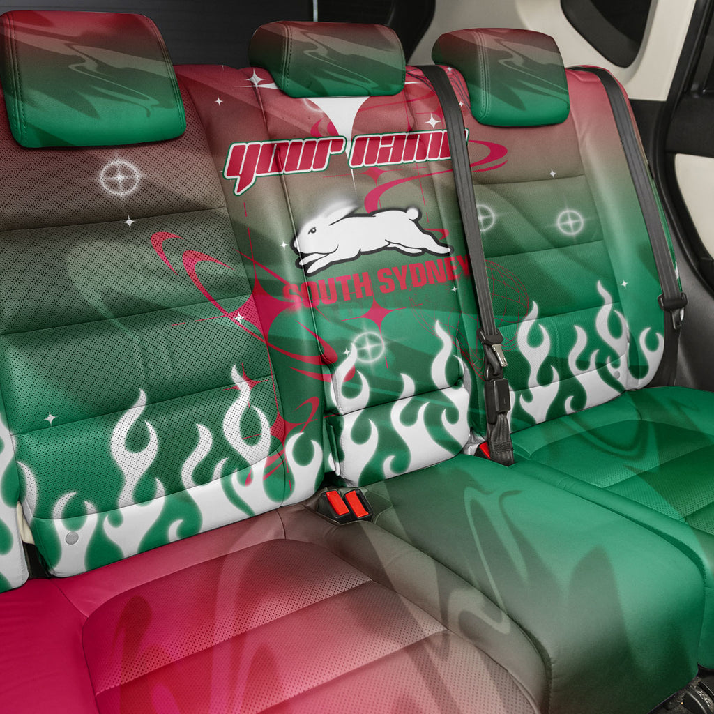 Personalized South Sydney Rabbitohs Back Car Seat Cover Y2K Grunge Aesthetic With Cyber Flames and Starburst Graphics