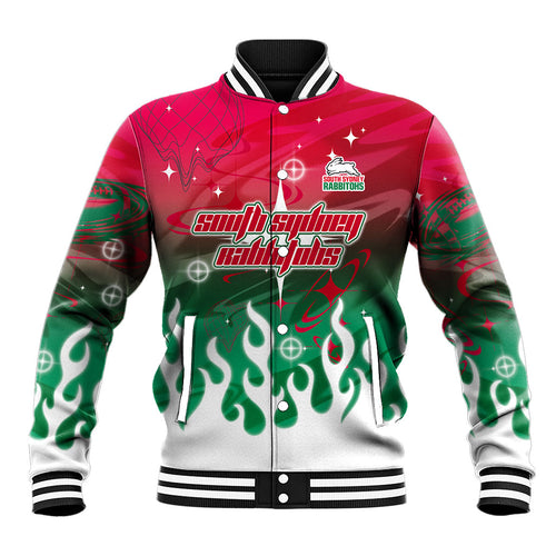 Personalized South Sydney Rabbitohs Baseball Jacket Y2K Grunge Aesthetic With Cyber Flames and Starburst Graphics