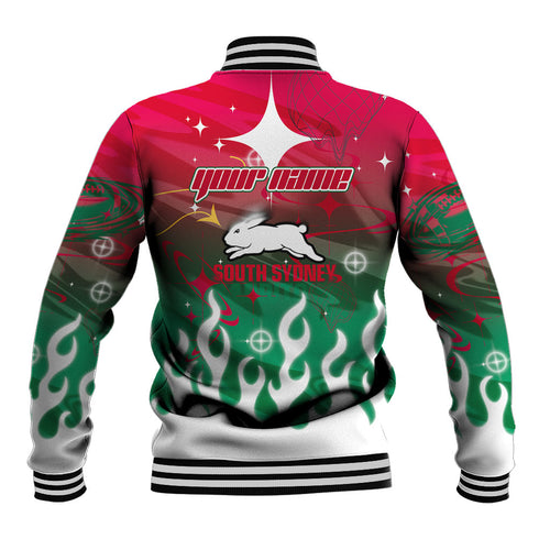 Personalized South Sydney Rabbitohs Baseball Jacket Y2K Grunge Aesthetic With Cyber Flames and Starburst Graphics