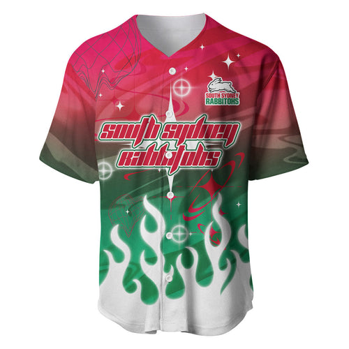Personalized South Sydney Rabbitohs Baseball Jersey Y2K Grunge Aesthetic With Cyber Flames and Starburst Graphics