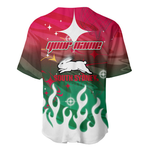 Personalized South Sydney Rabbitohs Baseball Jersey Y2K Grunge Aesthetic With Cyber Flames and Starburst Graphics