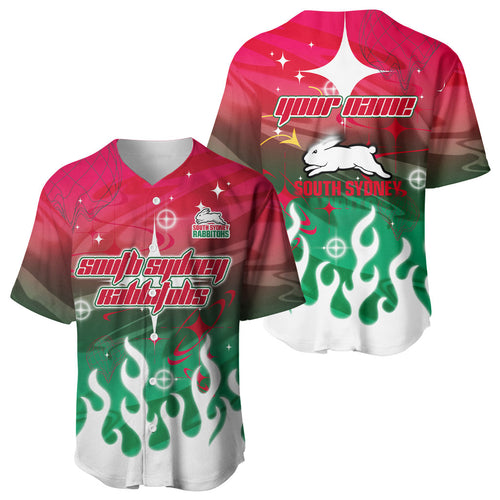 Personalized South Sydney Rabbitohs Baseball Jersey Y2K Grunge Aesthetic With Cyber Flames and Starburst Graphics
