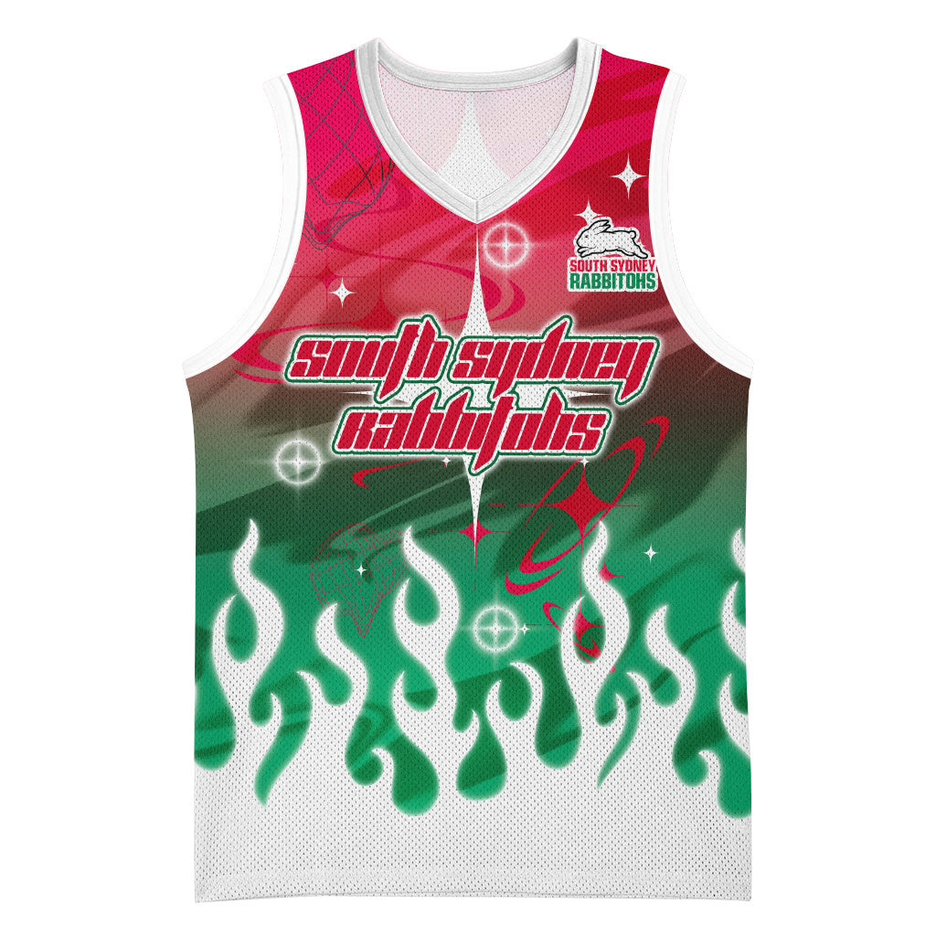 Personalized South Sydney Rabbitohs Basketball Jersey Y2K Grunge Aesthetic With Cyber Flames and Starburst Graphics
