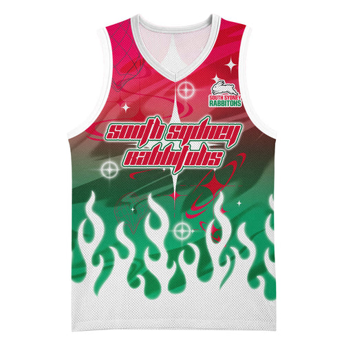 Personalized South Sydney Rabbitohs Basketball Jersey Y2K Grunge Aesthetic With Cyber Flames and Starburst Graphics