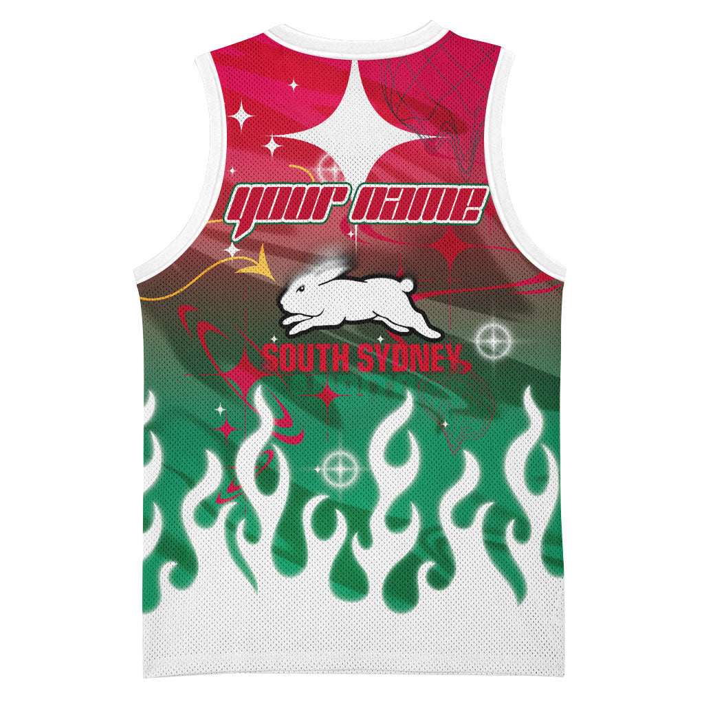 Personalized South Sydney Rabbitohs Basketball Jersey Y2K Grunge Aesthetic With Cyber Flames and Starburst Graphics