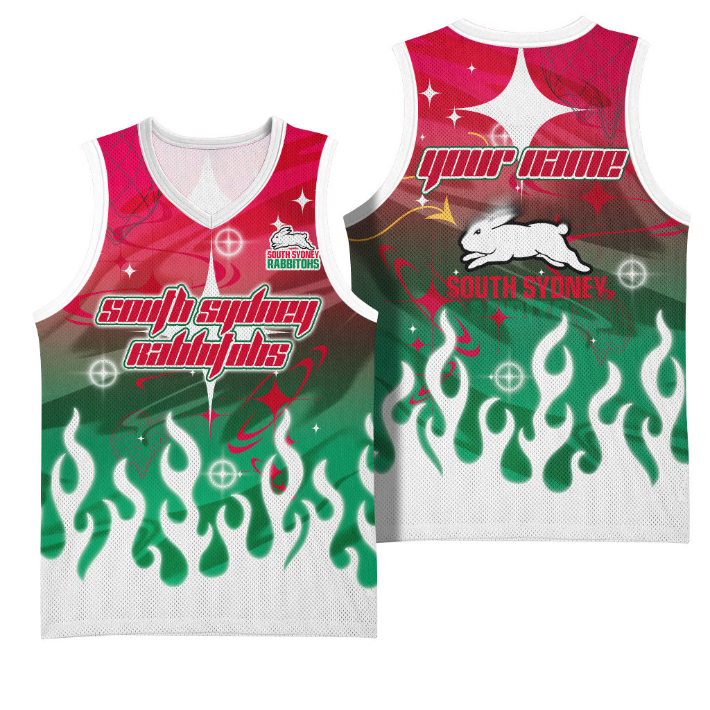 Personalized South Sydney Rabbitohs Basketball Jersey Y2K Grunge Aesthetic With Cyber Flames and Starburst Graphics