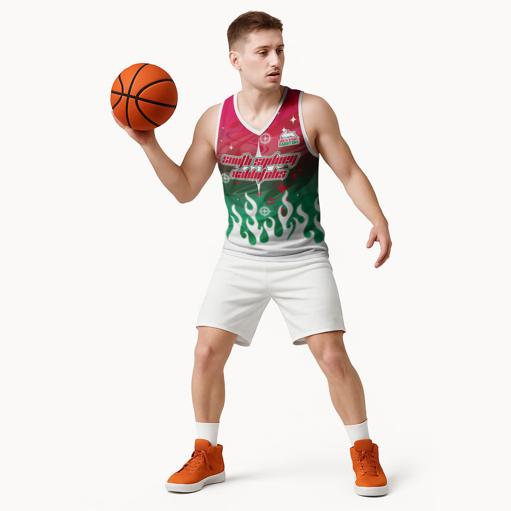 Personalized South Sydney Rabbitohs Basketball Jersey Y2K Grunge Aesthetic With Cyber Flames and Starburst Graphics