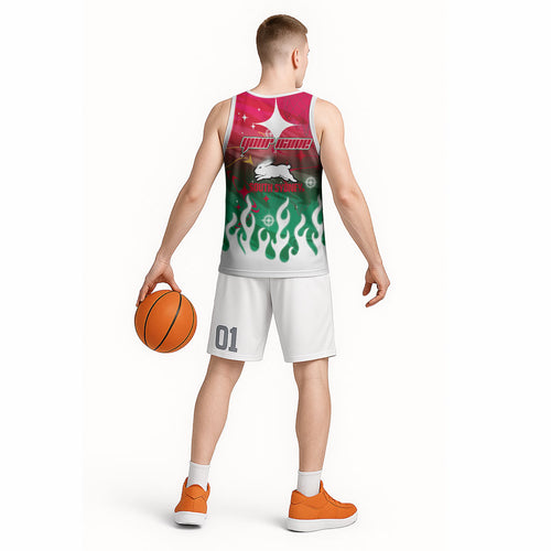 Personalized South Sydney Rabbitohs Basketball Jersey Y2K Grunge Aesthetic With Cyber Flames and Starburst Graphics