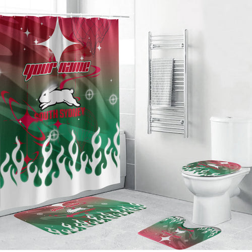 Personalized South Sydney Rabbitohs Bathroom Set Y2K Grunge Aesthetic With Cyber Flames and Starburst Graphics