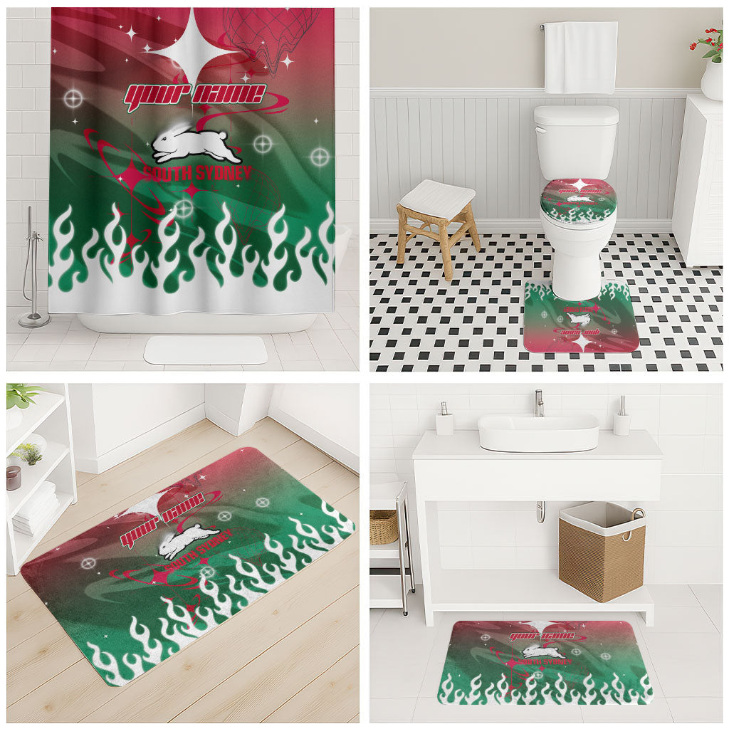 Personalized South Sydney Rabbitohs Bathroom Set Y2K Grunge Aesthetic With Cyber Flames and Starburst Graphics