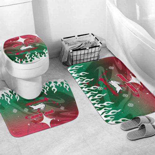Personalized South Sydney Rabbitohs Bathroom Set Y2K Grunge Aesthetic With Cyber Flames and Starburst Graphics