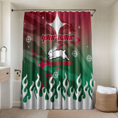 Personalized South Sydney Rabbitohs Bathroom Set Y2K Grunge Aesthetic With Cyber Flames and Starburst Graphics