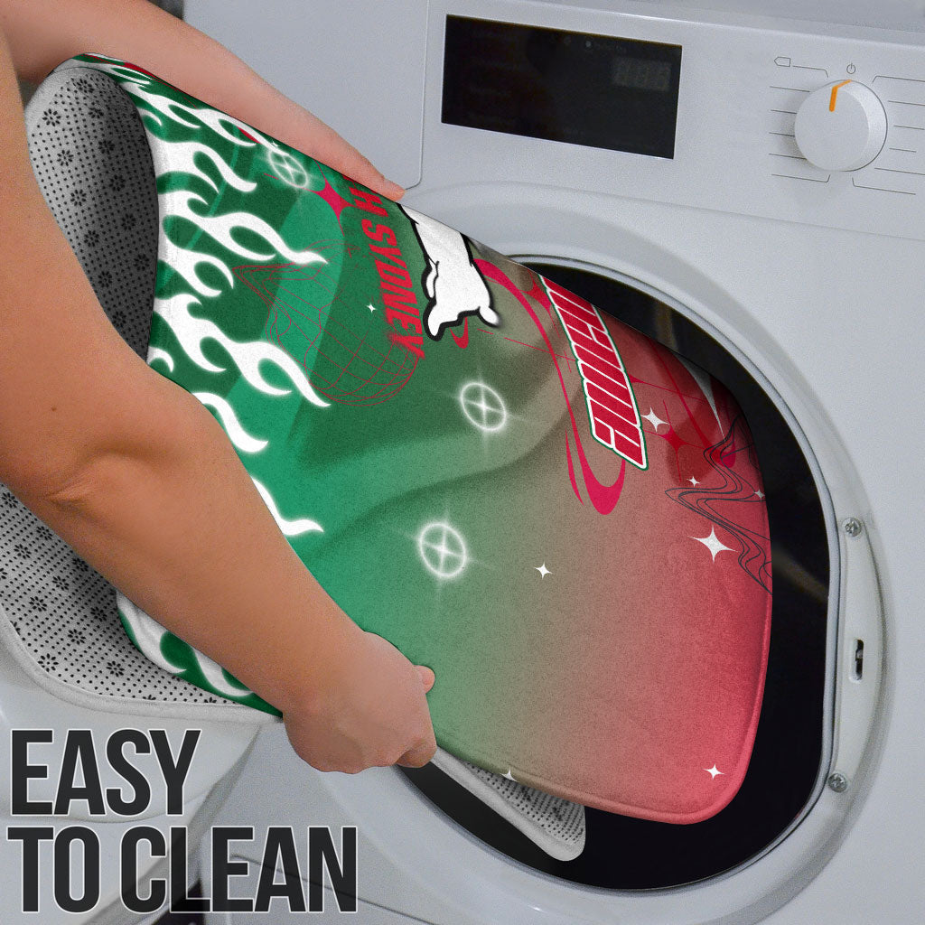 Personalized South Sydney Rabbitohs Bathroom Set Y2K Grunge Aesthetic With Cyber Flames and Starburst Graphics