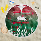 Personalized South Sydney Rabbitohs Beach Blanket Y2K Grunge Aesthetic With Cyber Flames and Starburst Graphics