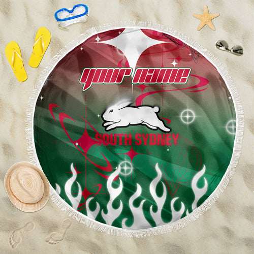 Personalized South Sydney Rabbitohs Beach Blanket Y2K Grunge Aesthetic With Cyber Flames and Starburst Graphics