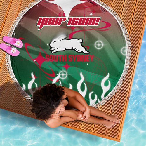 Personalized South Sydney Rabbitohs Beach Blanket Y2K Grunge Aesthetic With Cyber Flames and Starburst Graphics