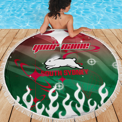Personalized South Sydney Rabbitohs Beach Blanket Y2K Grunge Aesthetic With Cyber Flames and Starburst Graphics