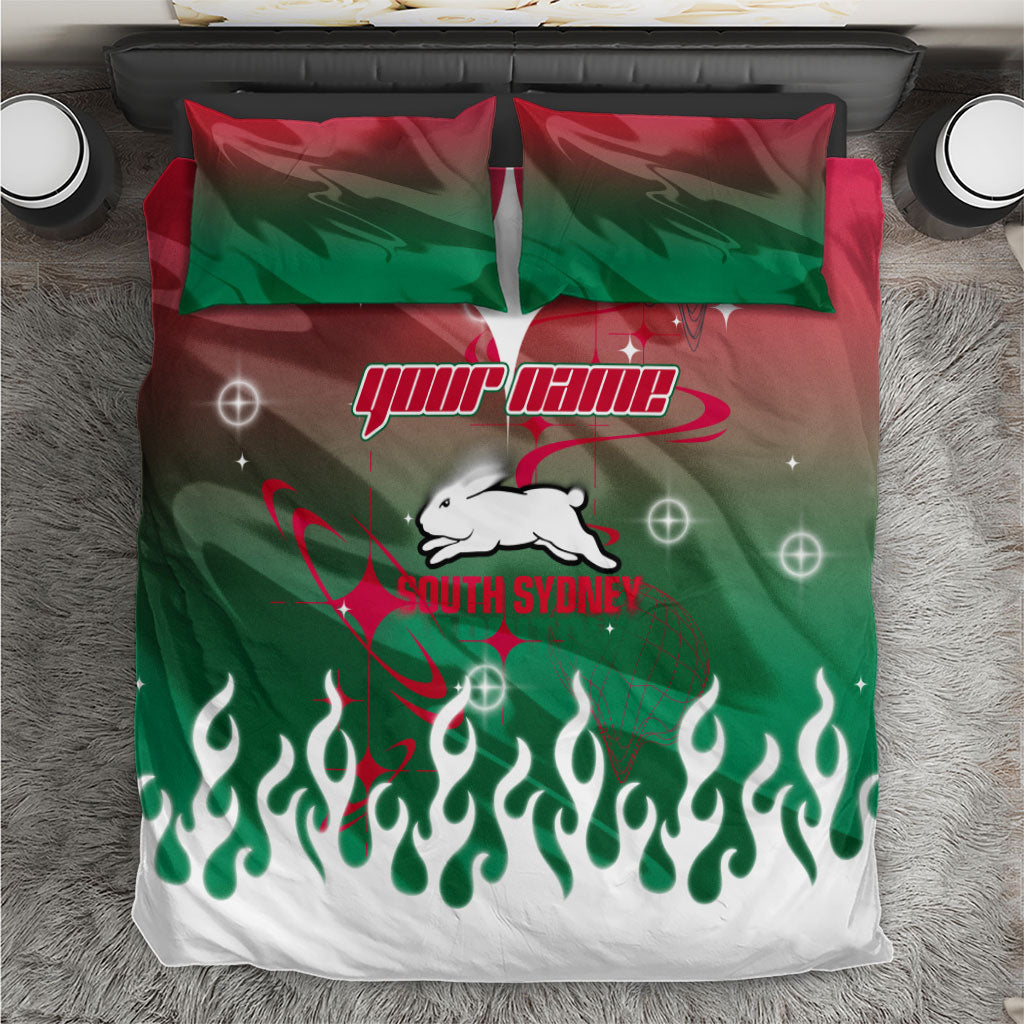 Personalized South Sydney Rabbitohs Bedding Set Y2K Grunge Aesthetic With Cyber Flames and Starburst Graphics