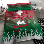 Personalized South Sydney Rabbitohs Bedding Set Y2K Grunge Aesthetic With Cyber Flames and Starburst Graphics