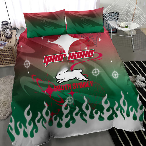 Personalized South Sydney Rabbitohs Bedding Set Y2K Grunge Aesthetic With Cyber Flames and Starburst Graphics